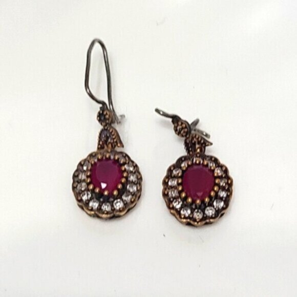 Vintage Antique Boho Sterling Silver Oval Ruby Crystal Halo Earrings - Picture 3 of 6